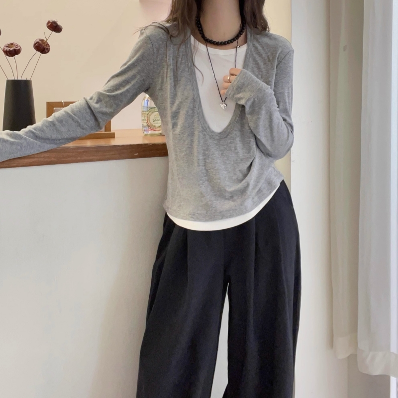 氣質撞色拼接假兩件T恤