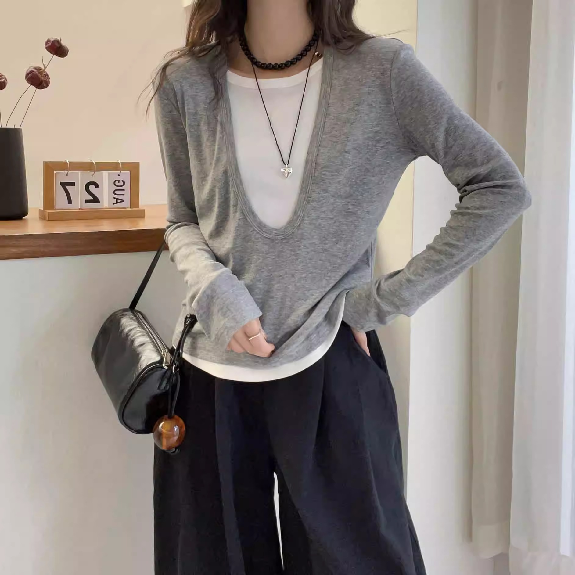 氣質撞色拼接假兩件T恤