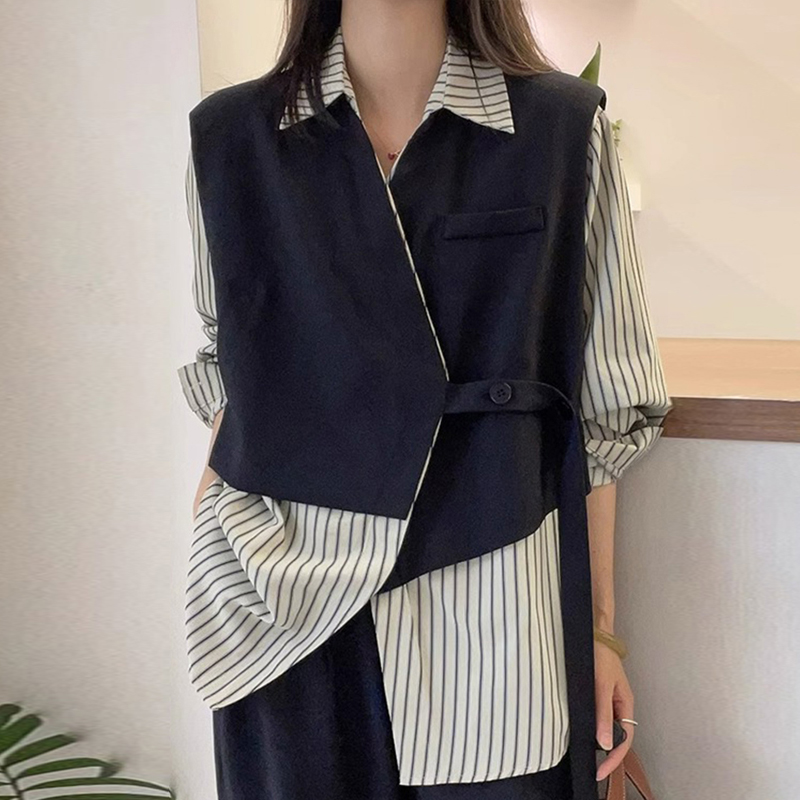 設計感拼接條紋假兩件襯衫