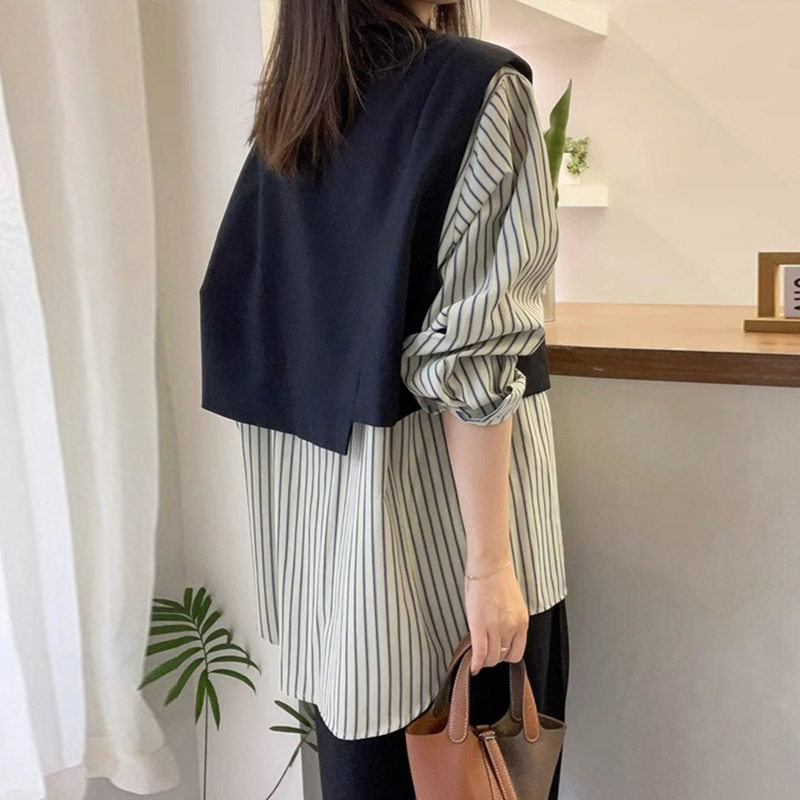 設計感拼接條紋假兩件襯衫