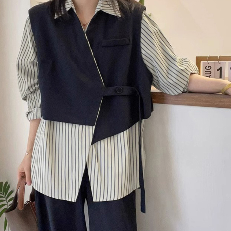 設計感拼接條紋假兩件襯衫