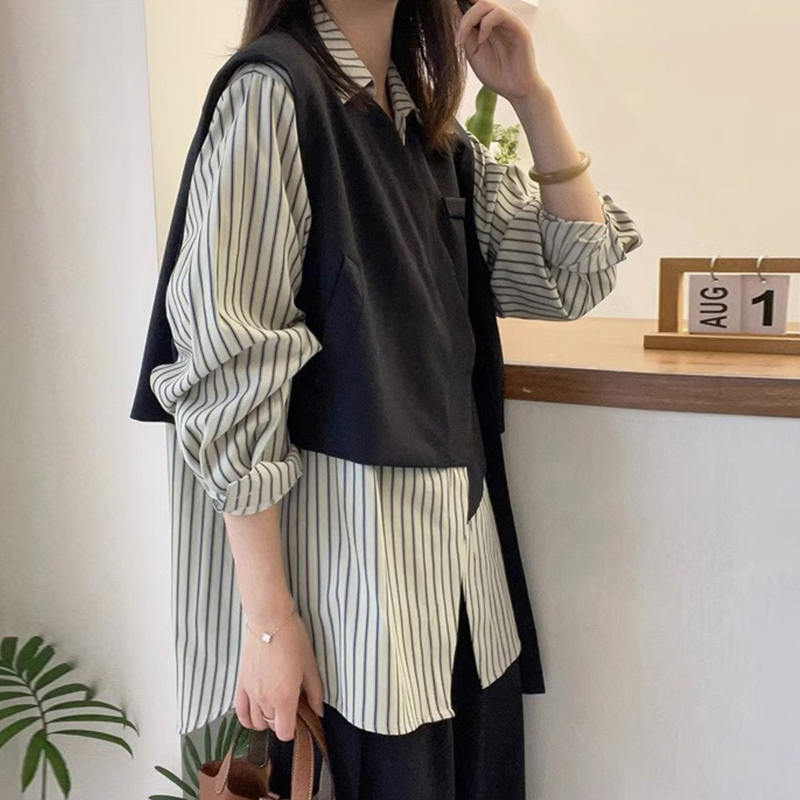 設計感拼接條紋假兩件襯衫