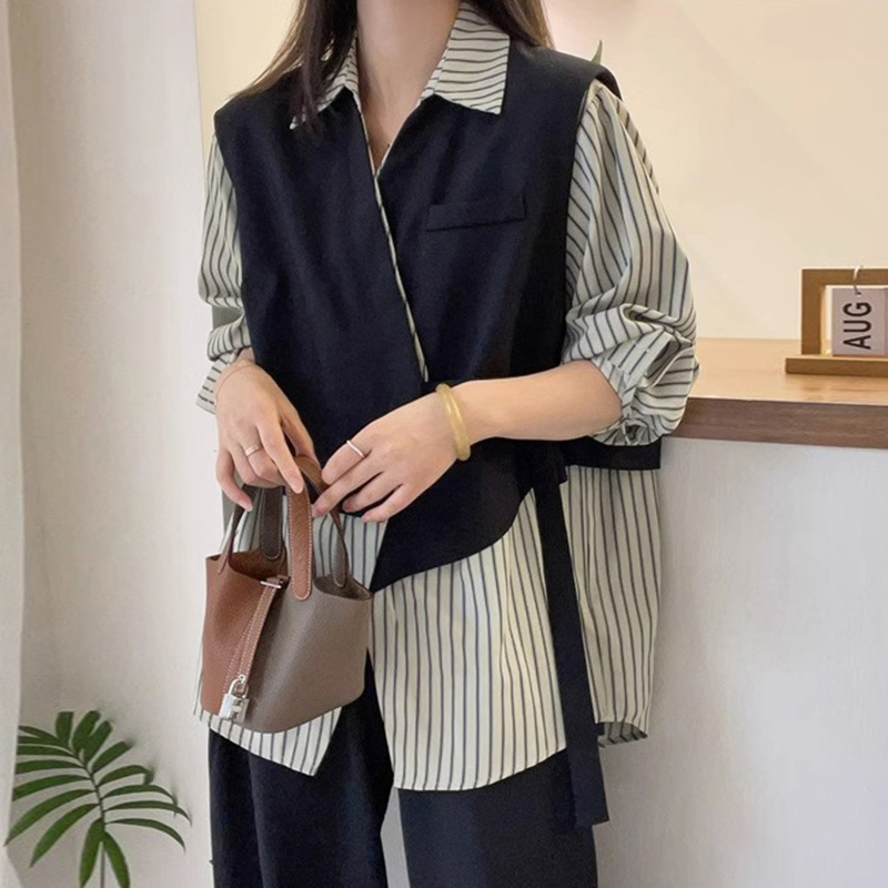 設計感拼接條紋假兩件襯衫