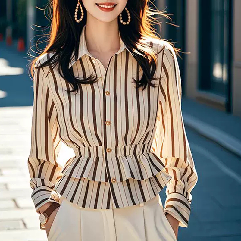 復古港風條紋收腰長袖襯衫