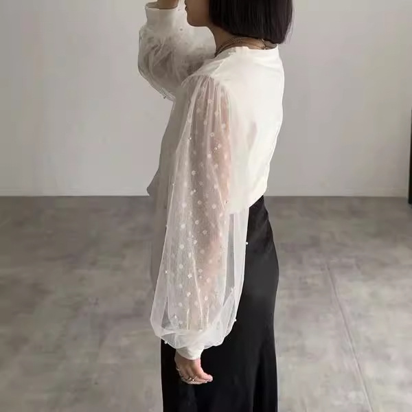 簡約網紗拼接燈籠袖襯衫