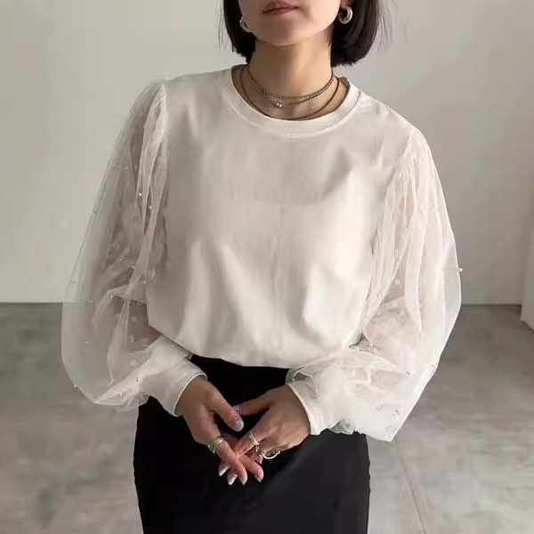 簡約網紗拼接燈籠袖襯衫
