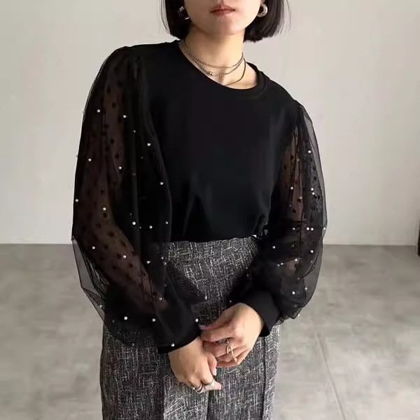 簡約網紗拼接燈籠袖襯衫