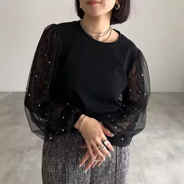 簡約網紗拼接燈籠袖襯衫