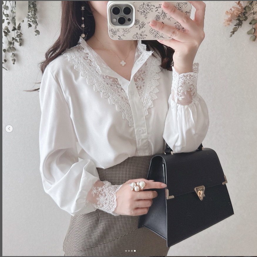 簡約蕾絲拼接V領長袖襯衫