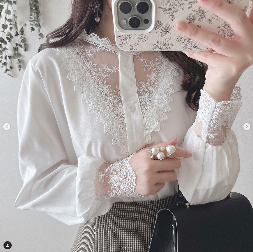 簡約蕾絲拼接V領長袖襯衫