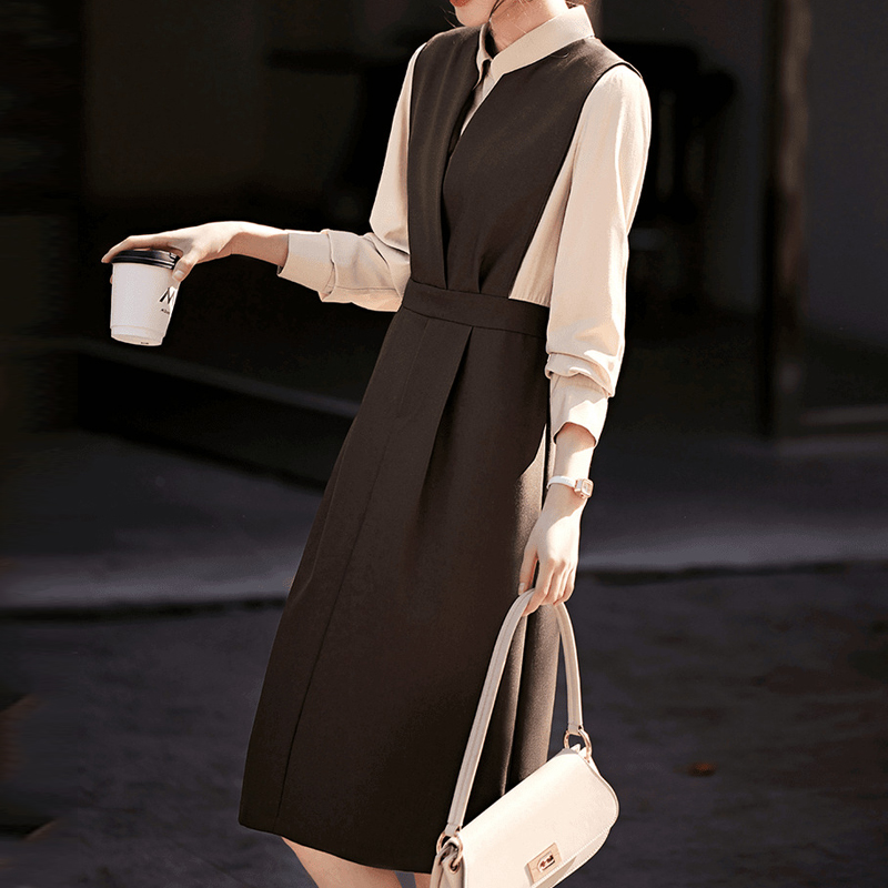 氣質撞色拼接假兩件洋裝