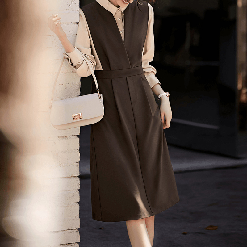 氣質撞色拼接假兩件洋裝