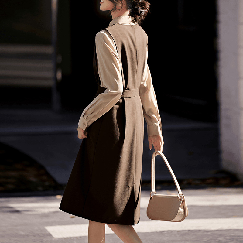 氣質撞色拼接假兩件洋裝