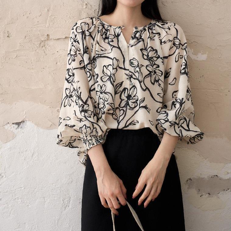 簡約印花圓領長袖襯衫