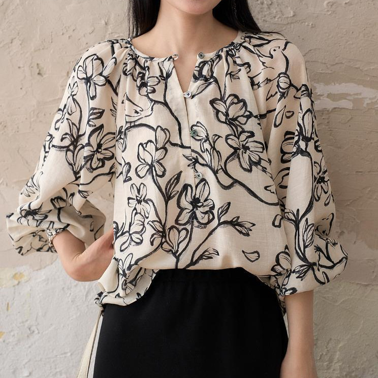 簡約印花圓領長袖襯衫