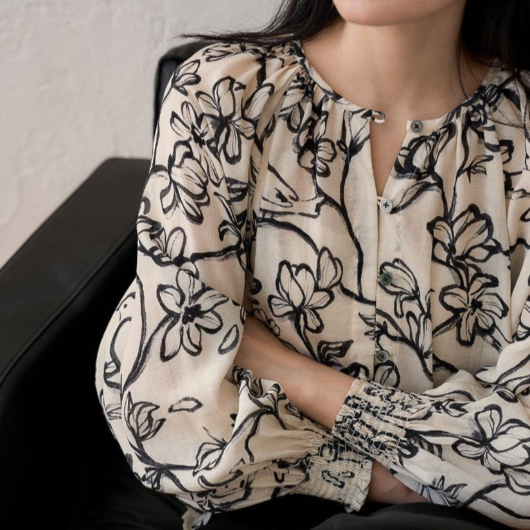 簡約印花圓領長袖襯衫