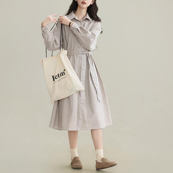 慵懶寬鬆顯瘦條紋長袖襯衫裙