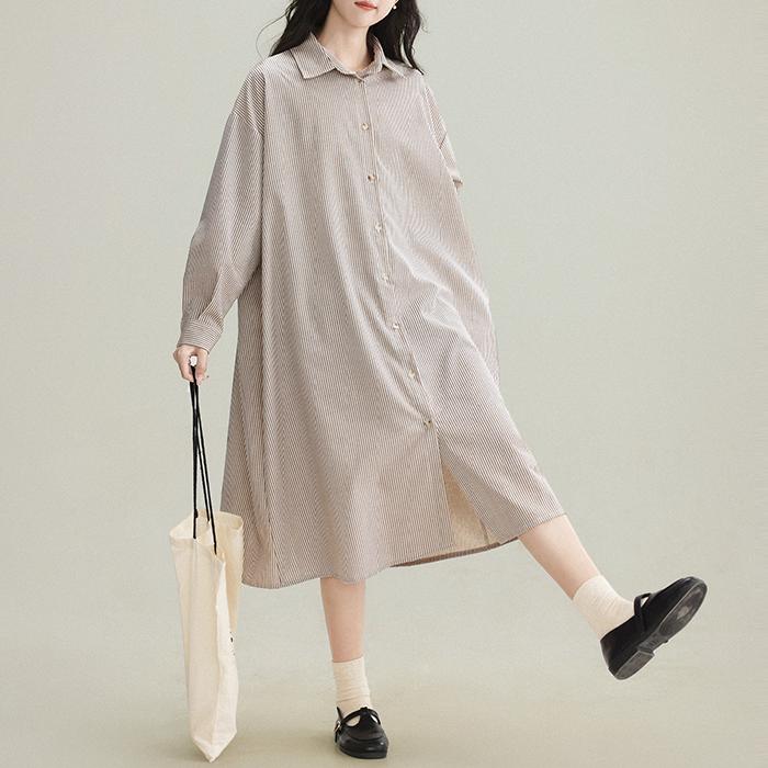 慵懶寬鬆顯瘦條紋長袖襯衫裙