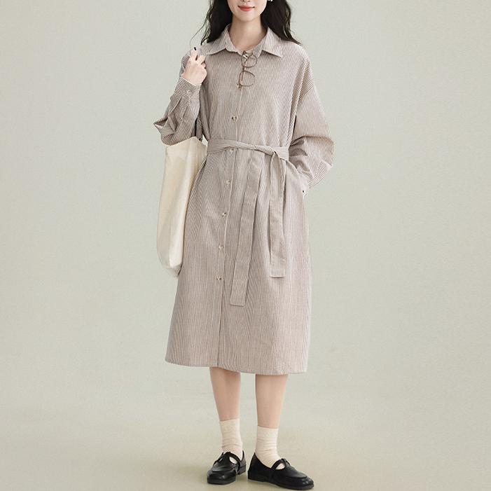 慵懶寬鬆顯瘦條紋長袖襯衫裙