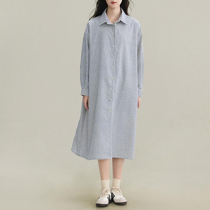 慵懶寬鬆顯瘦條紋長袖襯衫裙