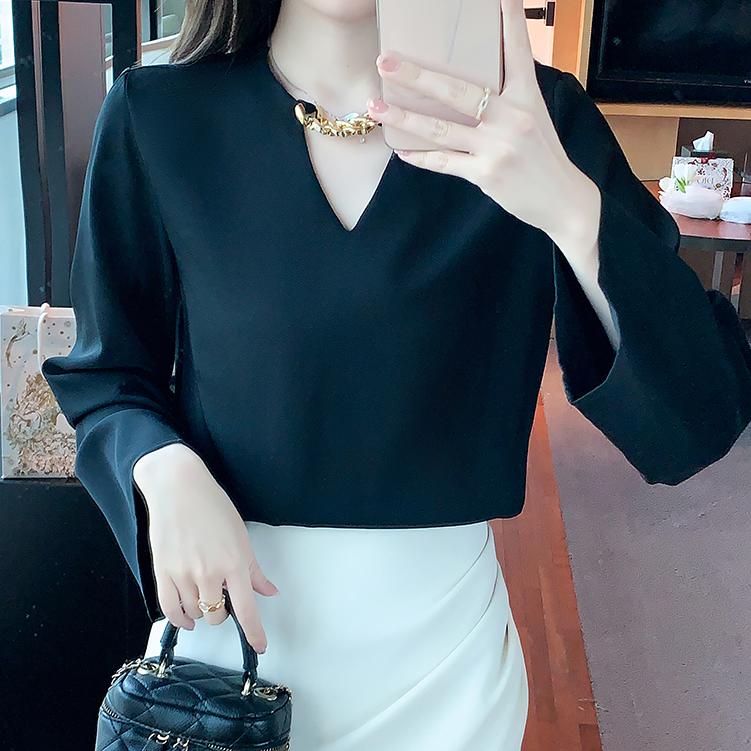 洋氣V領鏈雪紡長袖襯衫