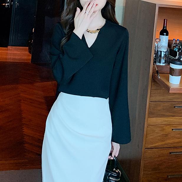 洋氣V領鏈雪紡長袖襯衫