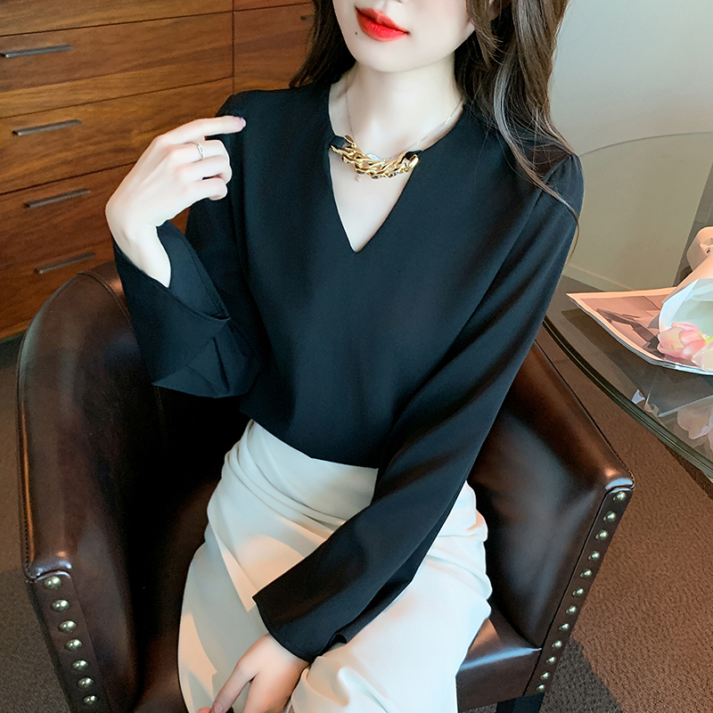 洋氣V領鏈雪紡長袖襯衫