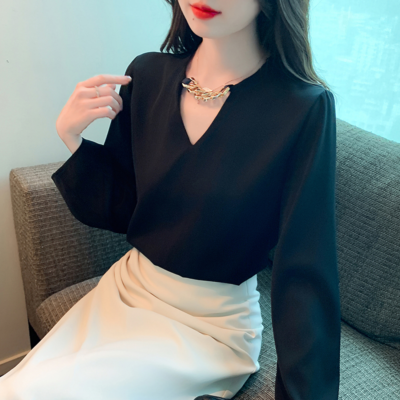 洋氣V領鏈雪紡長袖襯衫