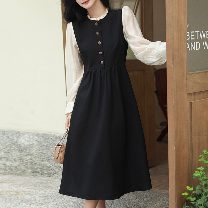 法式小香風撞色修身顯瘦連身裙