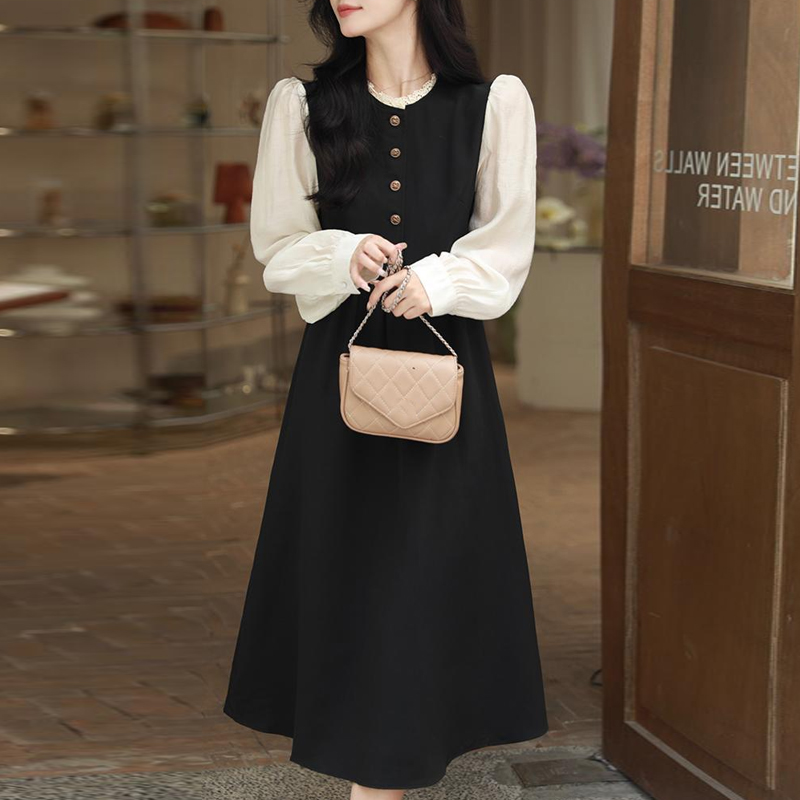 法式小香風撞色修身顯瘦連身裙