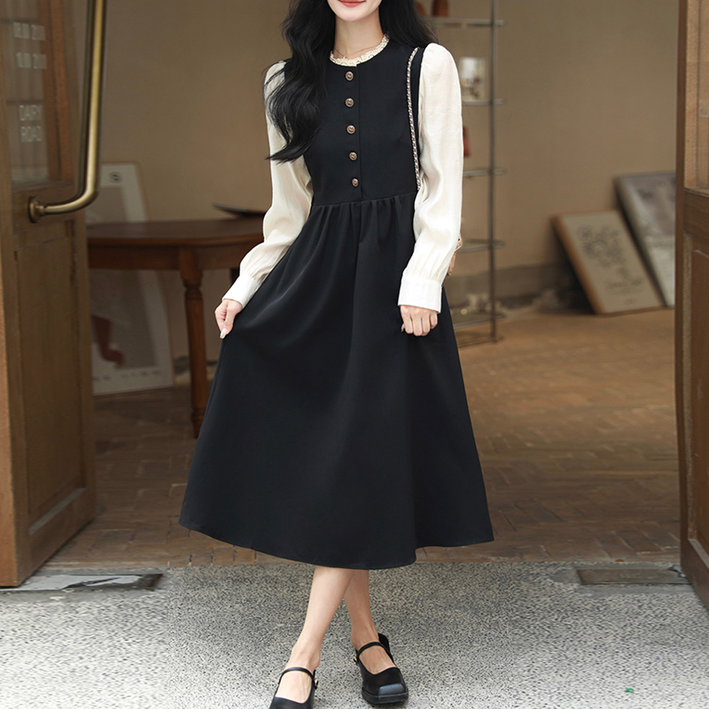 法式小香風撞色修身顯瘦連身裙