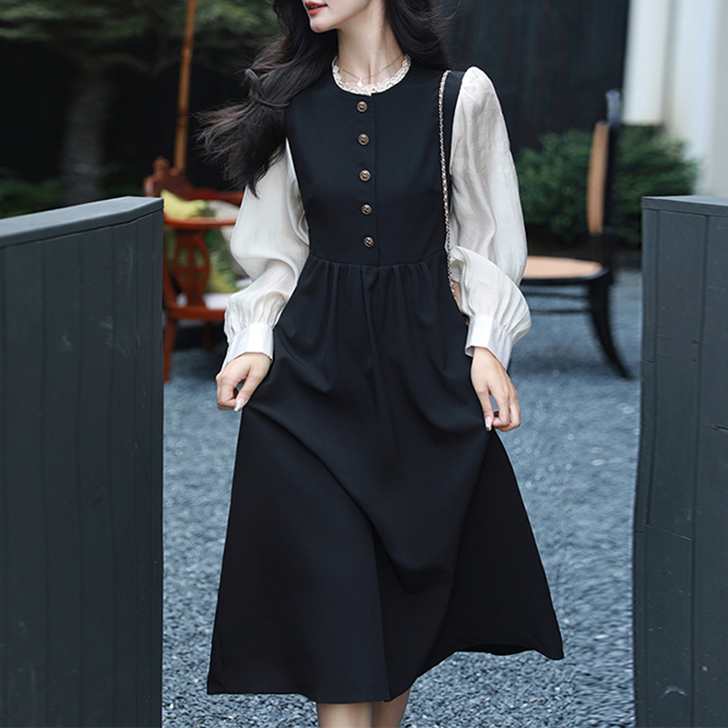 法式小香風撞色修身顯瘦連身裙