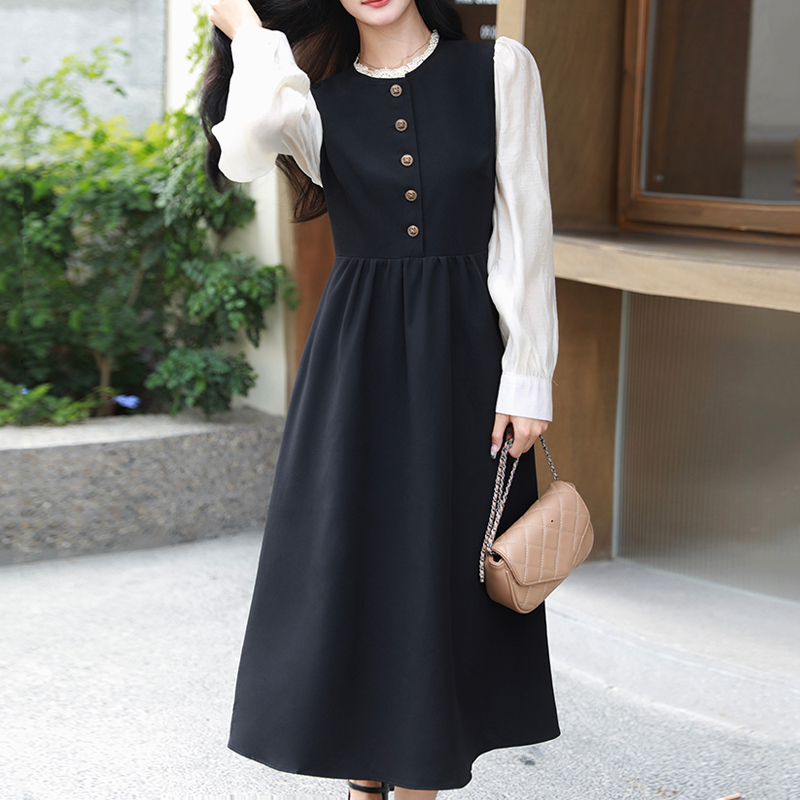 法式小香風撞色修身顯瘦連身裙