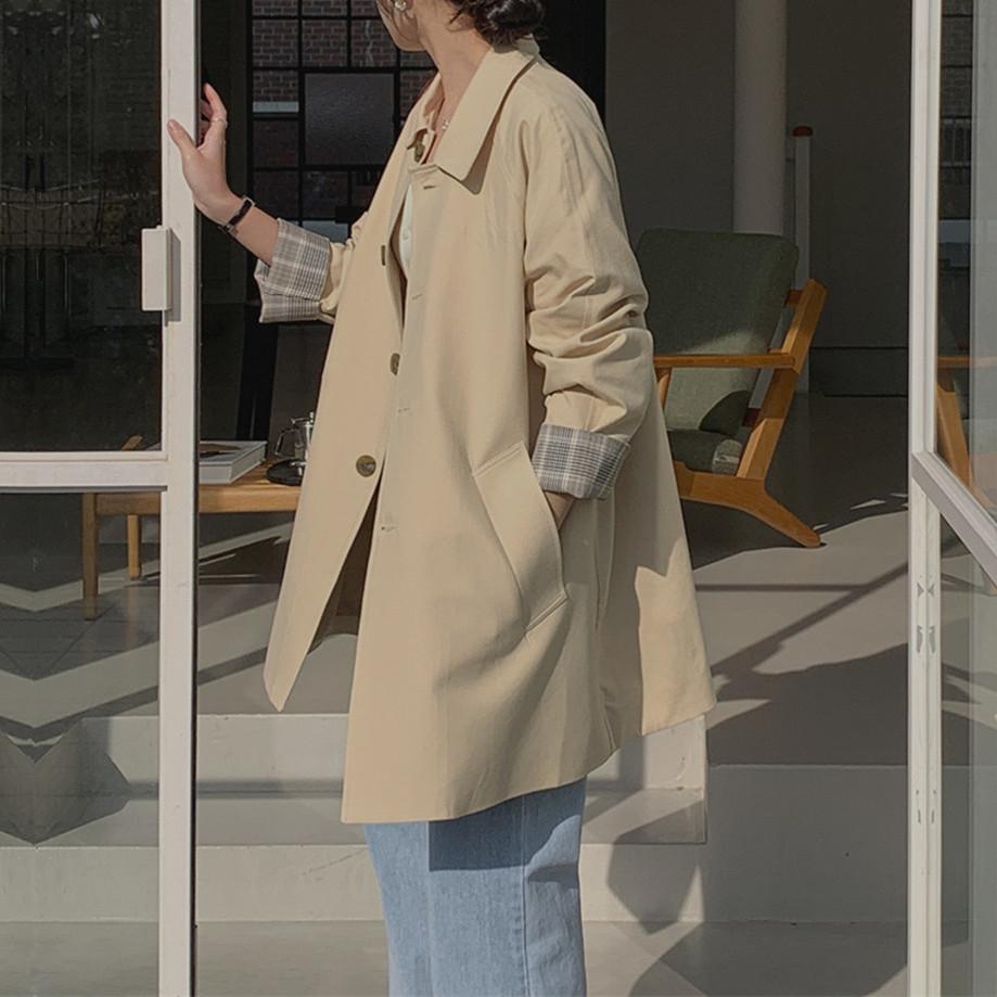 簡約純色翻領工裝單排扣風衣外套