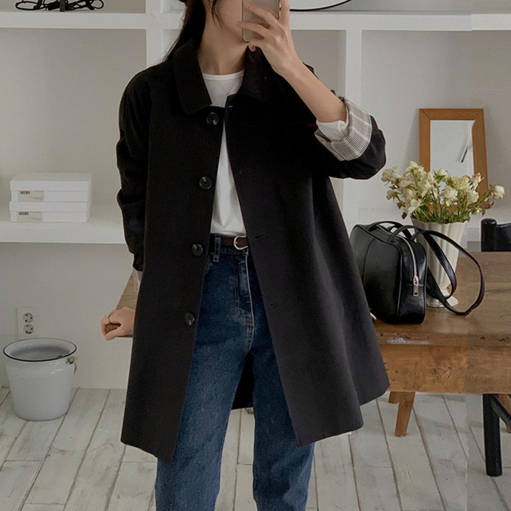 簡約純色翻領工裝單排扣風衣外套