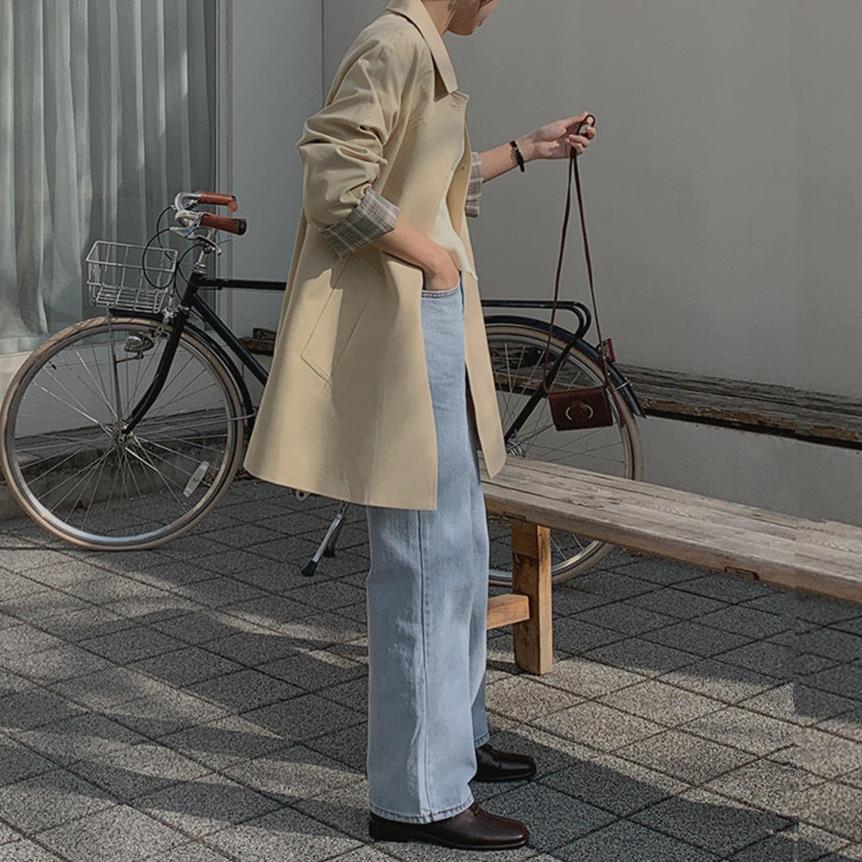 簡約純色翻領工裝單排扣風衣外套