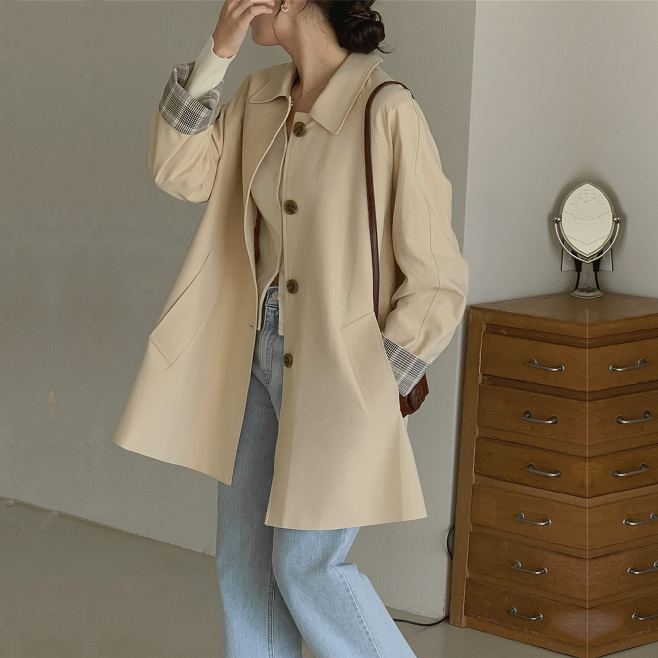 簡約純色翻領工裝單排扣風衣外套