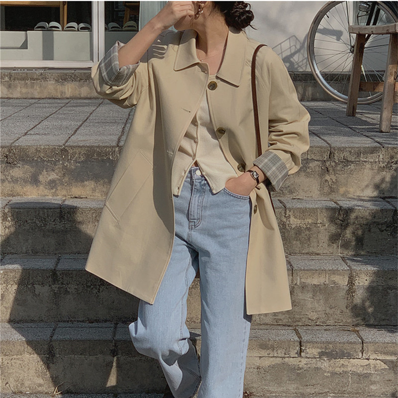 簡約純色翻領工裝單排扣風衣外套
