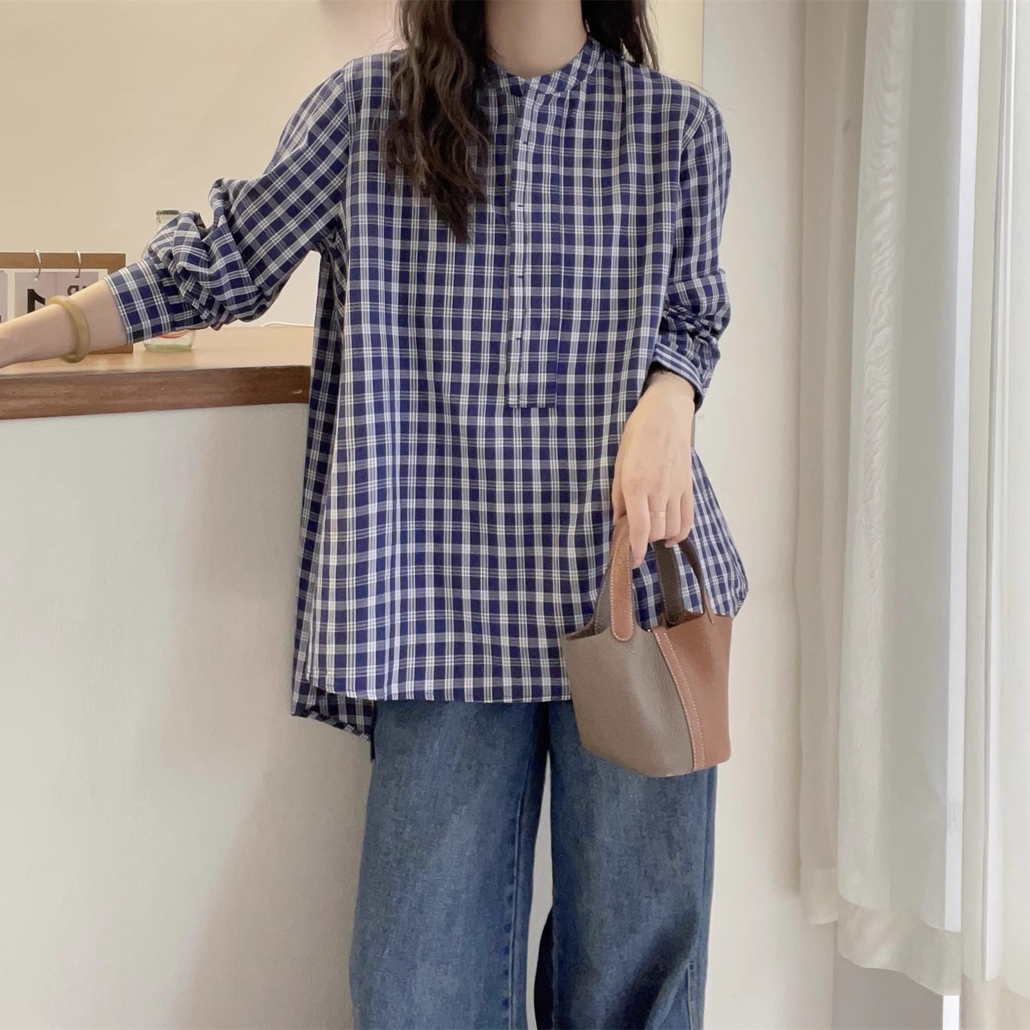 設計感長袖立領格紋襯衫