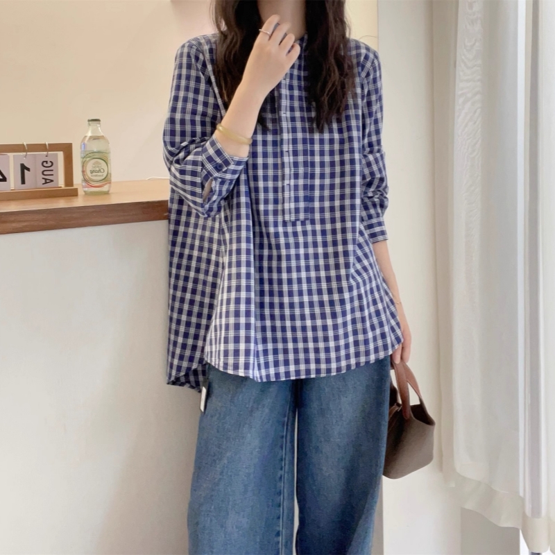 設計感長袖立領格紋襯衫