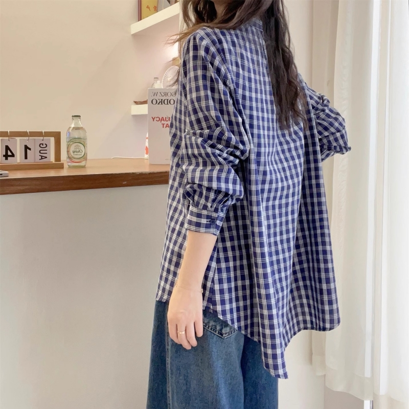 設計感長袖立領格紋襯衫