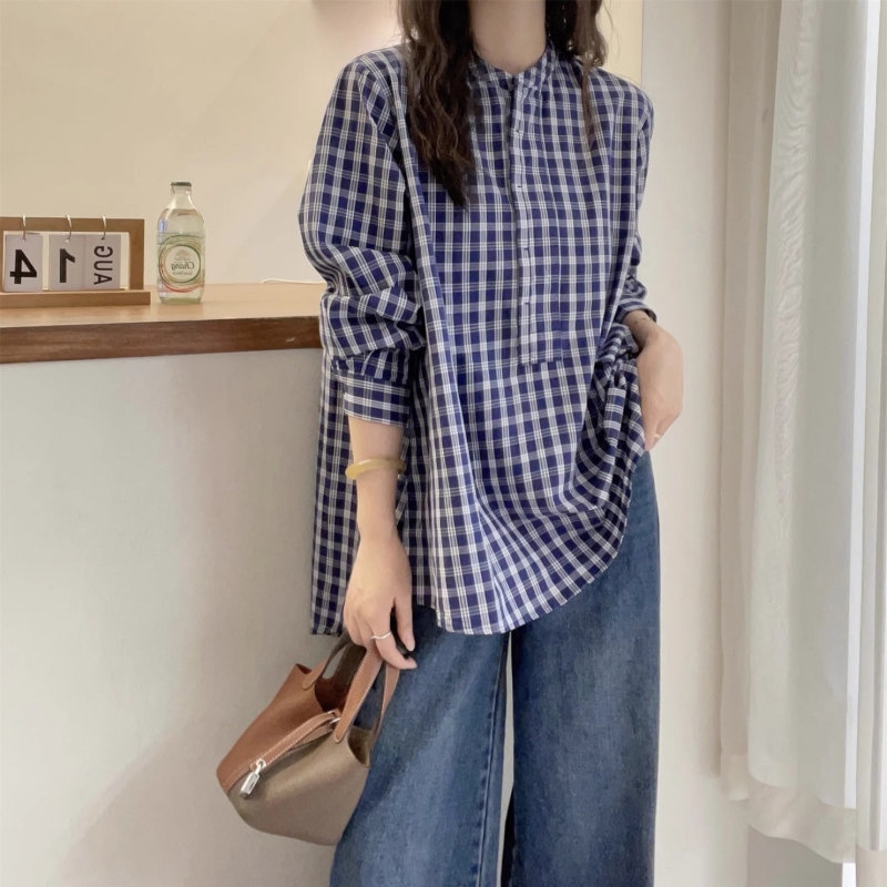 設計感長袖立領格紋襯衫