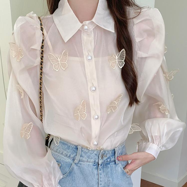 宮廷風純色蝴蝶燈籠袖襯衫