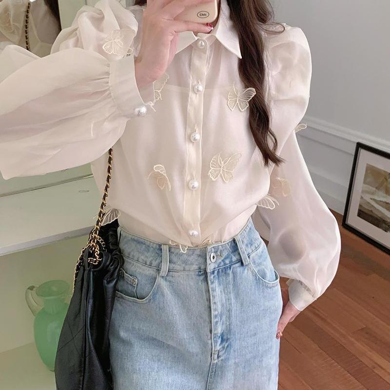 宮廷風純色蝴蝶燈籠袖襯衫