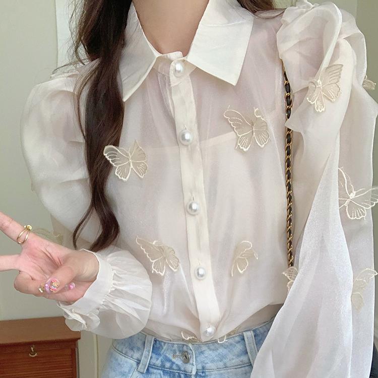 宮廷風純色蝴蝶燈籠袖襯衫
