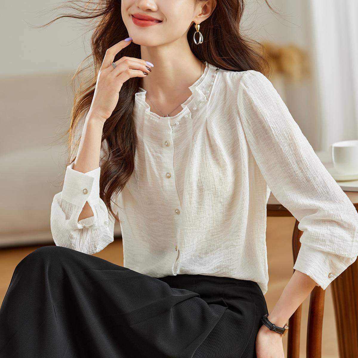 簡約純色珍珠立領長袖襯衫