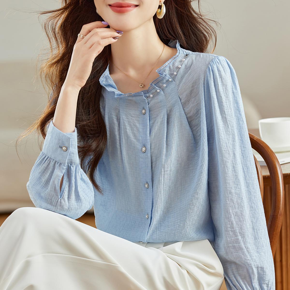 簡約純色珍珠立領長袖襯衫