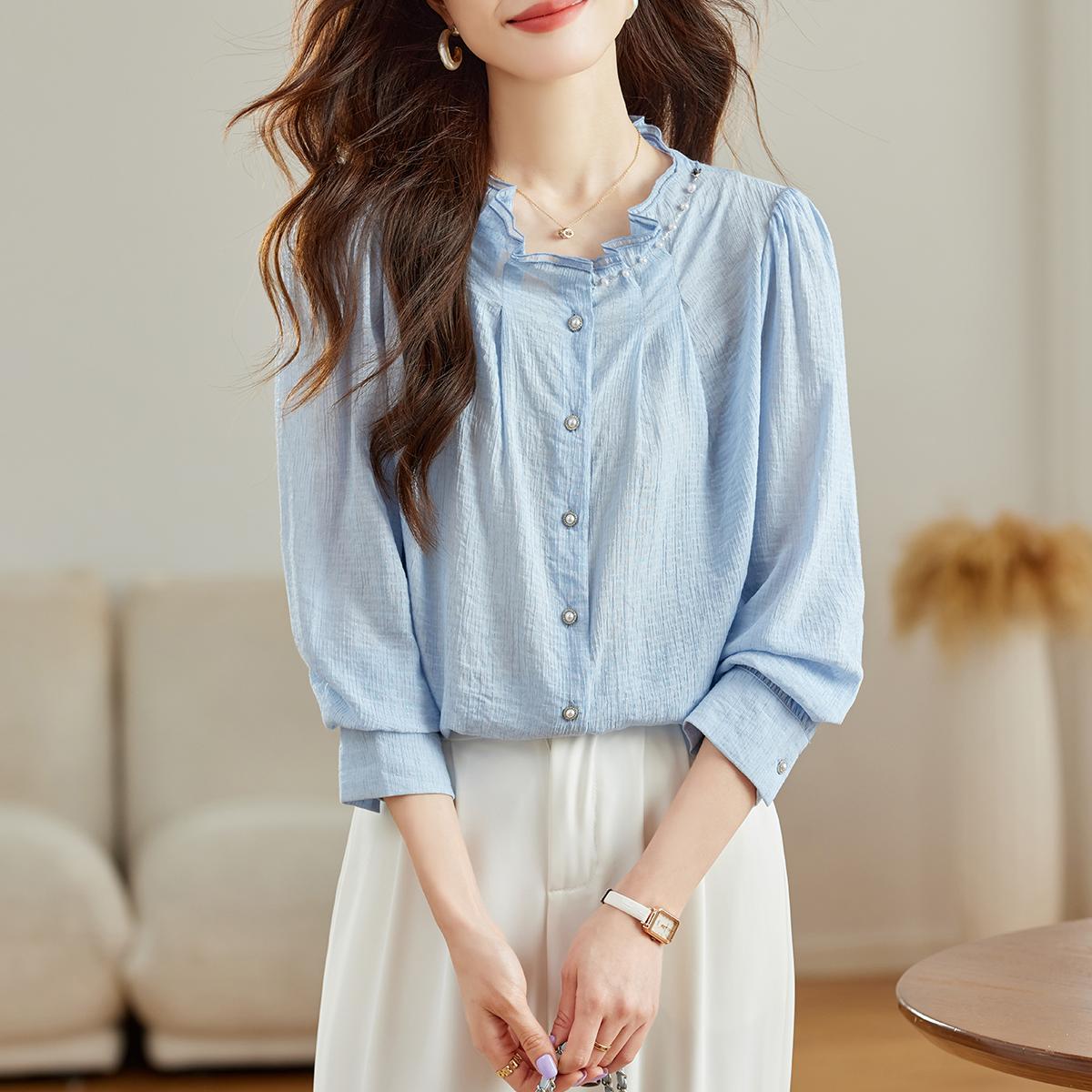 簡約純色珍珠立領長袖襯衫