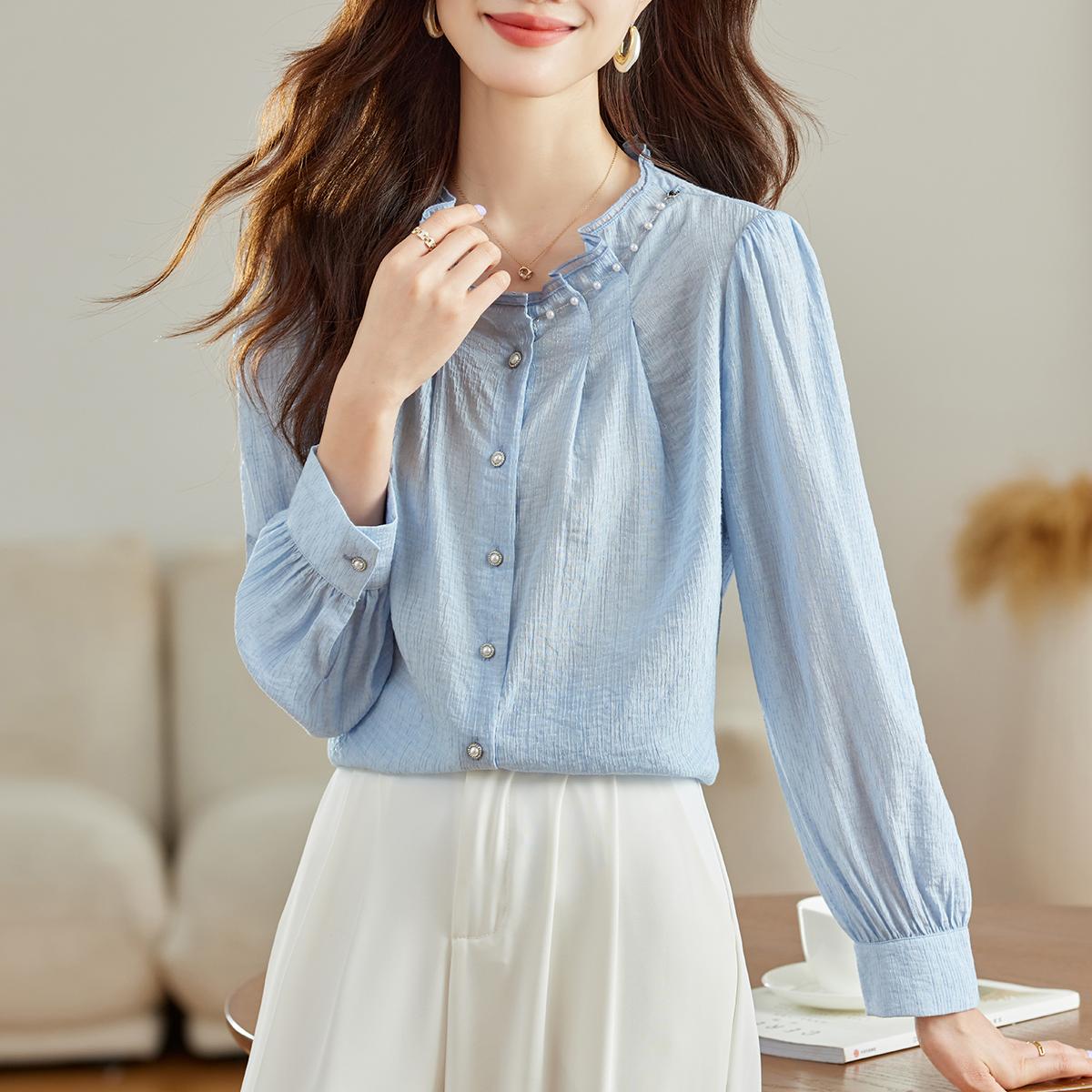 簡約純色珍珠立領長袖襯衫