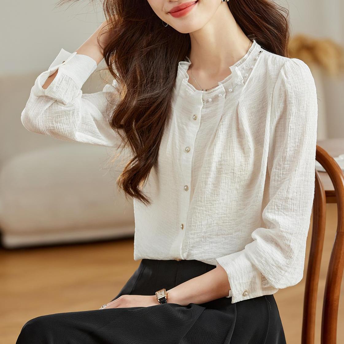 簡約純色珍珠立領長袖襯衫